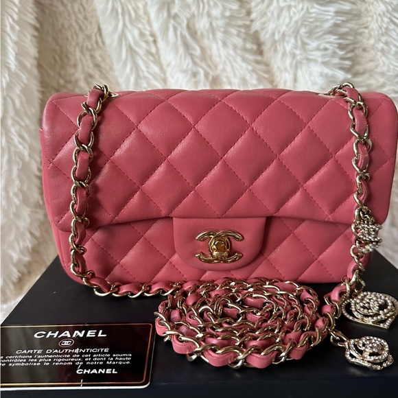 CHANEL Handbags - 14P Valentine Mini Rectangular Classic Quilted Flap Lambskin LGHW, Pink